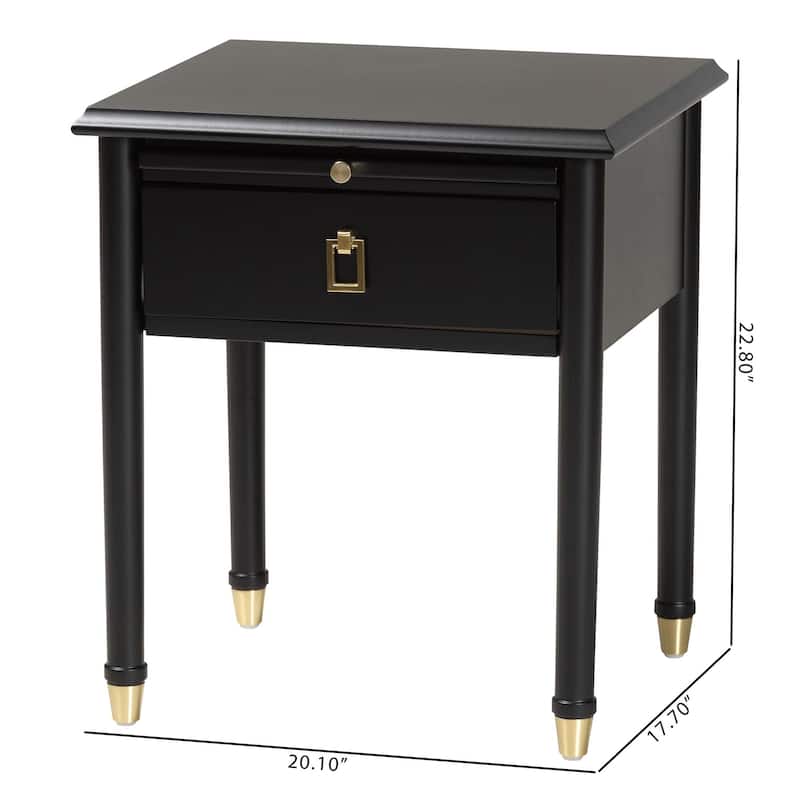 Tamra Black Wood Nightstand with Pullout Shelf - Modern Transitional Bedside Table with Metallic Accents