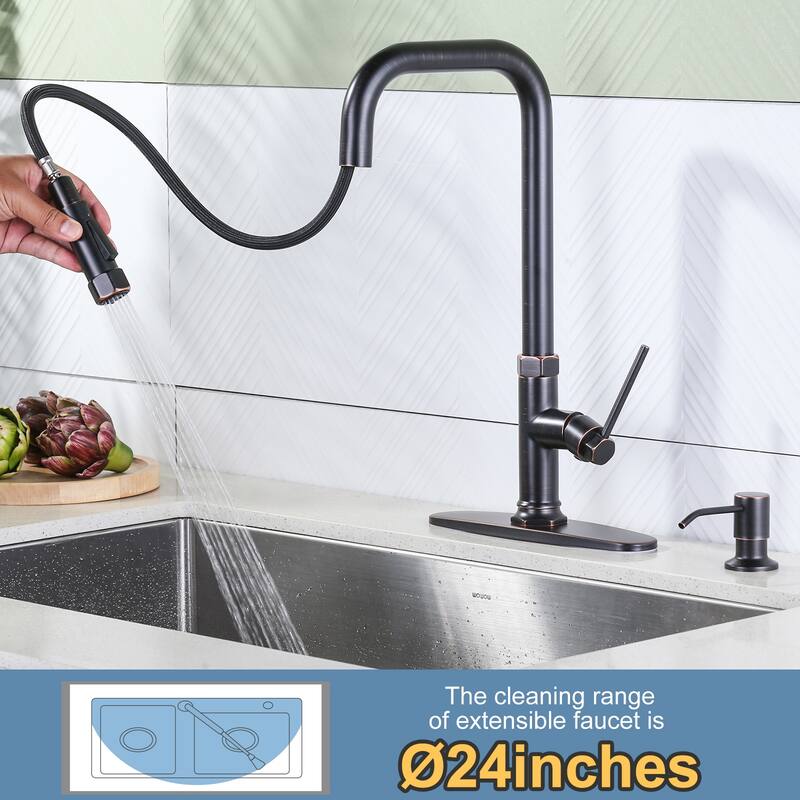 WOWOW Pull Down Sprayer Kitchen Faucet with Soap Dispenser