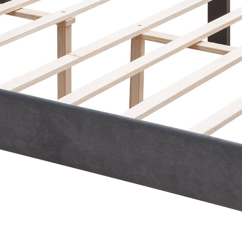 Gray Queen Velvet Button Tufted Platform Bed with Strong Slat Support