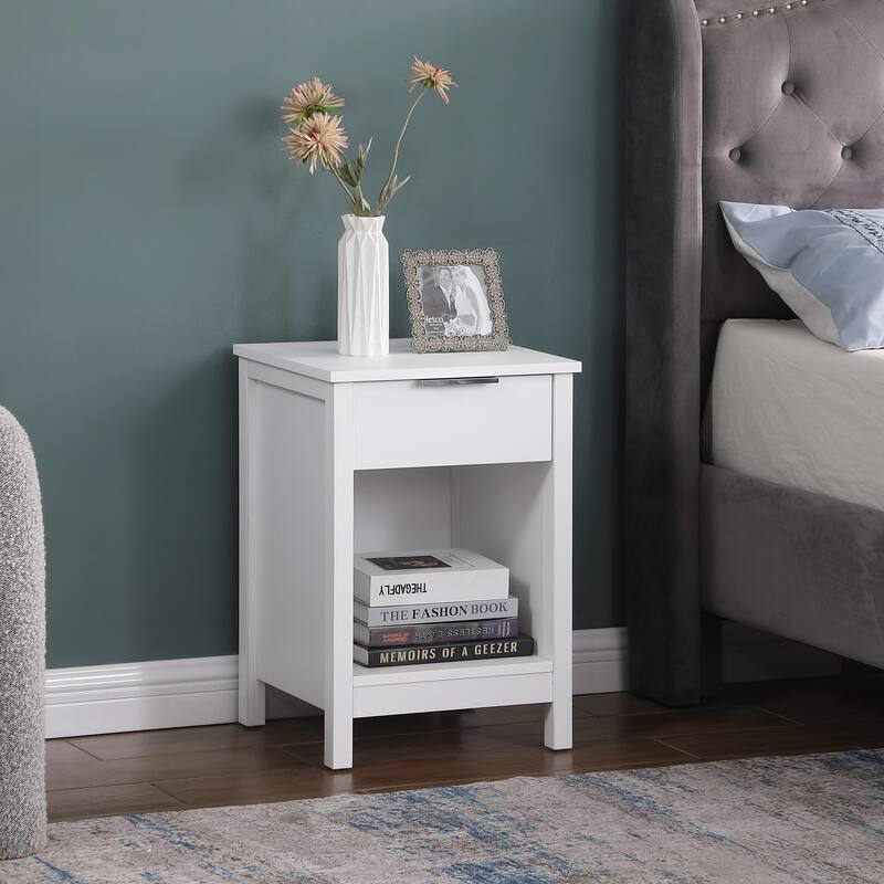3-Tier Nightstand with Drawer and Open Shelves, Retro White Bedside Table for Bedroom and Living Room