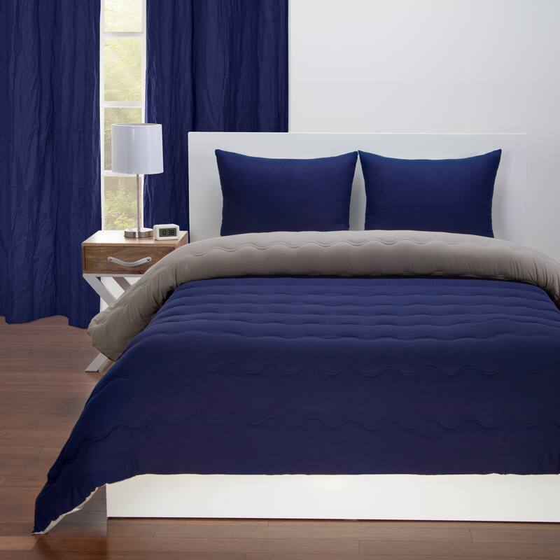 Deep Blue and Mushroom Grey Reversible Comforter Set - Full - Queen