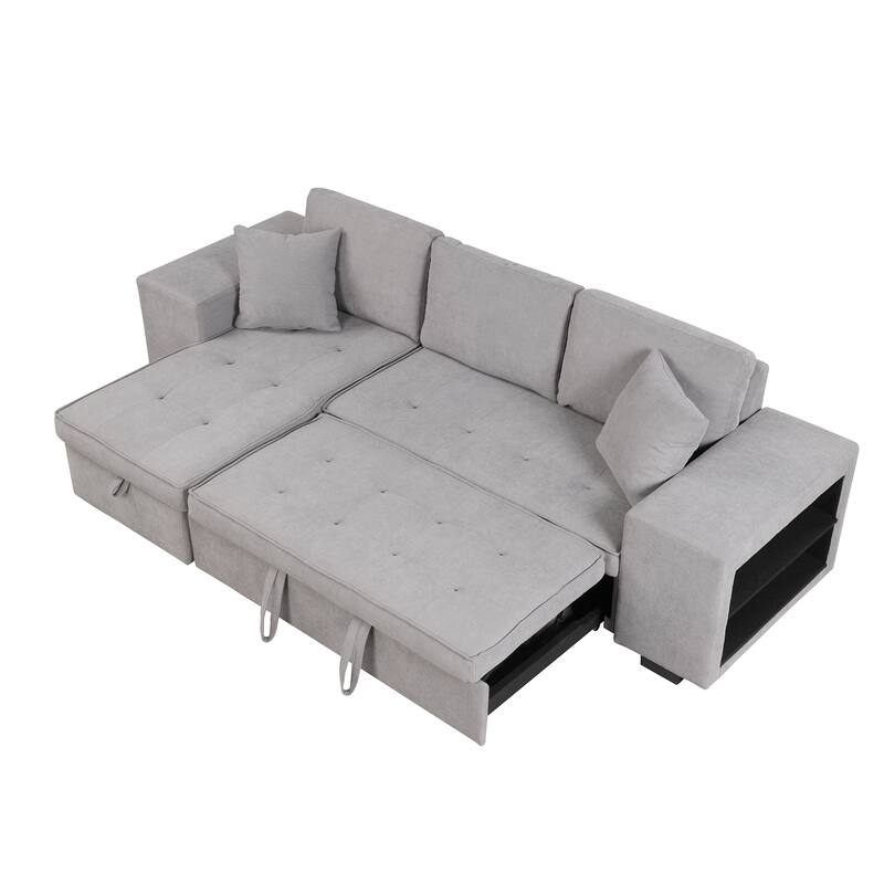 104.5" Linen L-Shaped Sectional Sofa with Pull-Out Bed and Storage Chaise, Includes 2 Stools