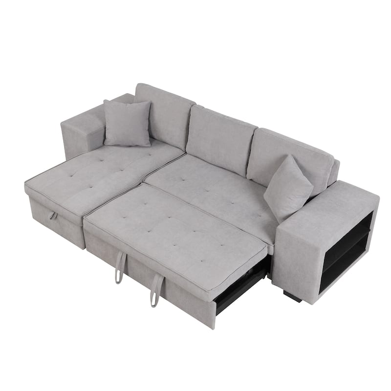 Grey 104.5" Charcoal L-Shaped 3-Seater Convertible Sofa with Pull-Out Bed, Storage Chaise, and 2 Convenient Stools
