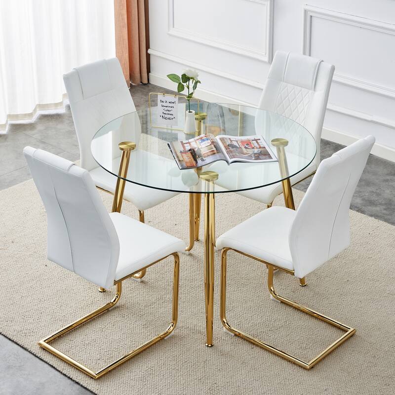Roomfitters 5pcs Round Glass Dining Set with PU Cushioned Chairs and Gold Metal Legs, Kitchen Furniture, Golden - Golden