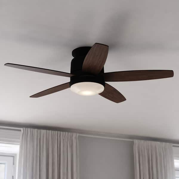slide 2 of 9, Armon 44 in. Low Profile Flush Mount Ceiling Fan with Reversible Blades, Dimmable LED Light Kit and Remote, Frosted Glass Shade 44-in W x 11.5-in H x 44-in D - Black