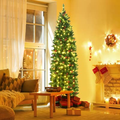 Gymax 6.5Ft Pre-Lit Pencil Christmas Tree Hinged Artificial Slim Tree - See Details