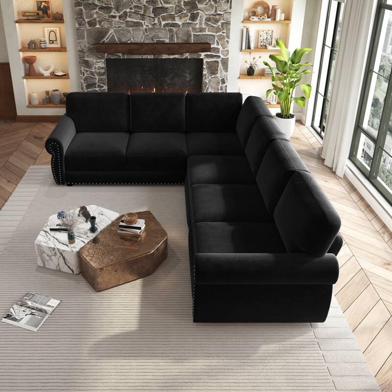 L-Shaped Sectional Sofa with Pull-Out Bed, Oversize Convertible Sleeper Sofa with Rolled Arms, Chenille Upholstery