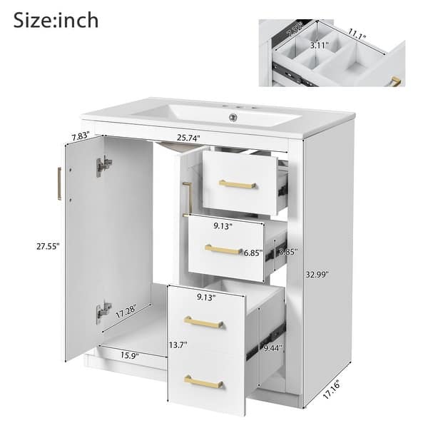 30'' Modern Wooden Bathroom Vanity with Ceramic Sink Combo and Soft Closing Doors