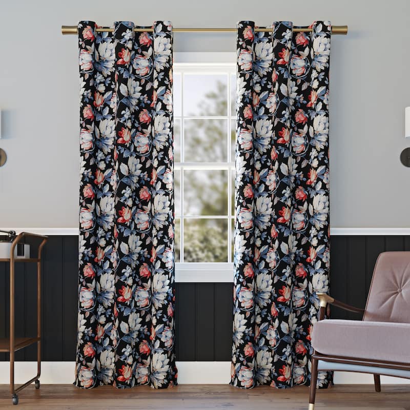 Sun Zero Irma Vintage Floral Blackout Grommet Curtain Panel, Single Panel - 40 x 84 - Black