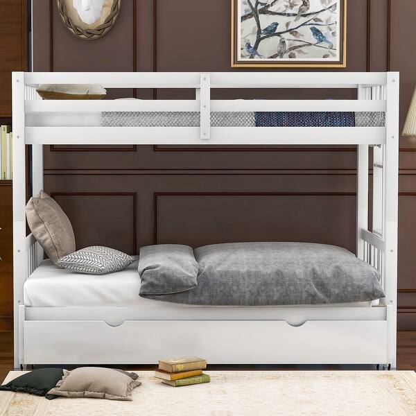 slide 2 of 18, Wood Bunk Bed with Trundle for 4 Kids, Twin Over Twin/Double Twin Size White - Twin