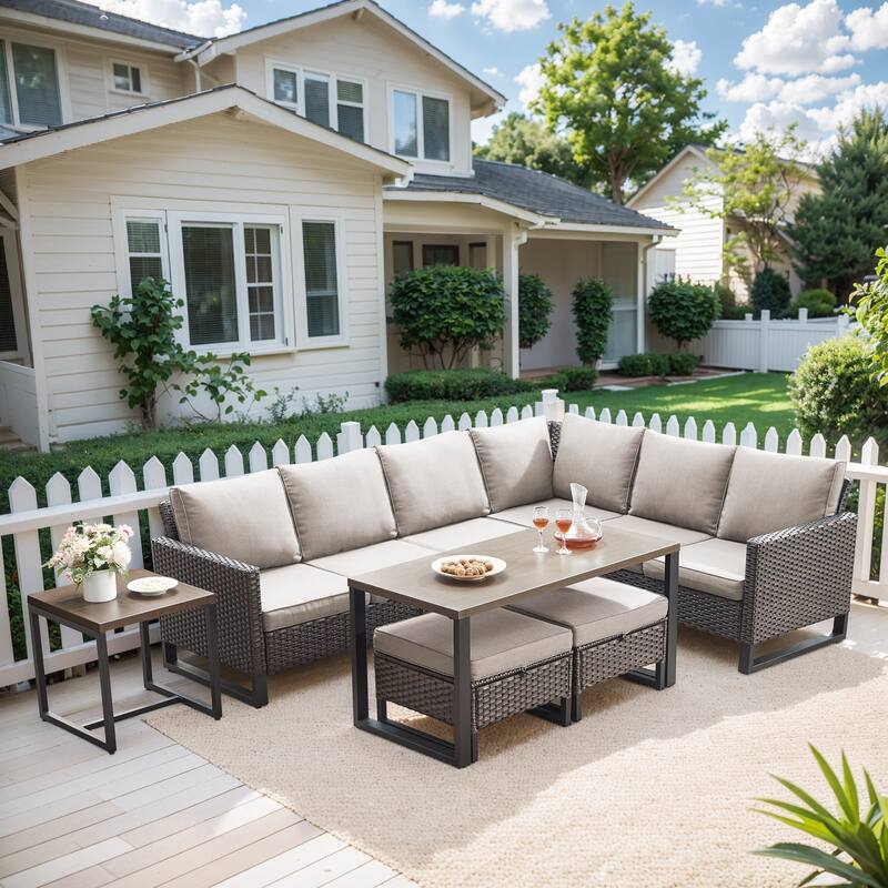 Gymojoy 5-Piece Outdoor Wicker Furniture Set, L-Shaped Sectional Sofa Set