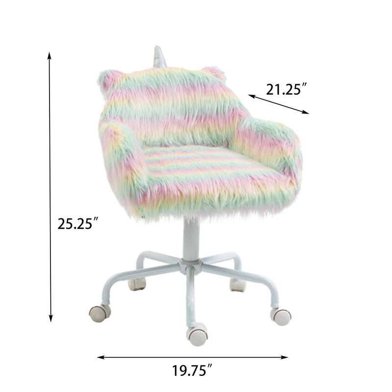 Fluffy Unicorn Office Chair w/ Armrest, 5 Star Swivel Wheel White Base