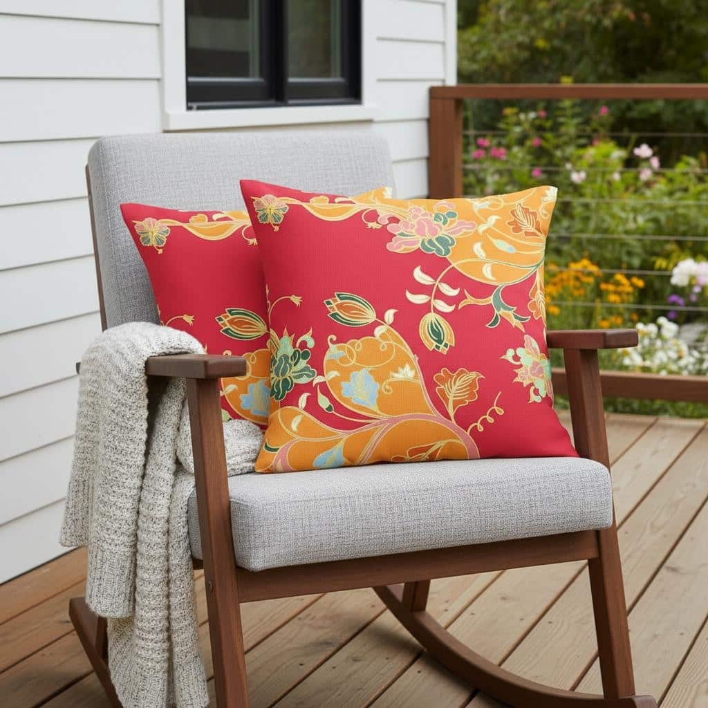 HomeRoots Set of Two 16" X 16" Green and Red Blown Seam Floral Indoor Outdoor Throw Pillow - 16.00' X '16.00' X '5.00