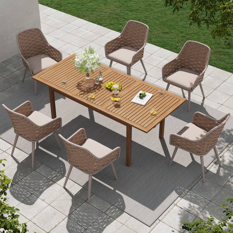 Outdoor Extendable Acacia Dining Set with 6 Rope-Back Chairs