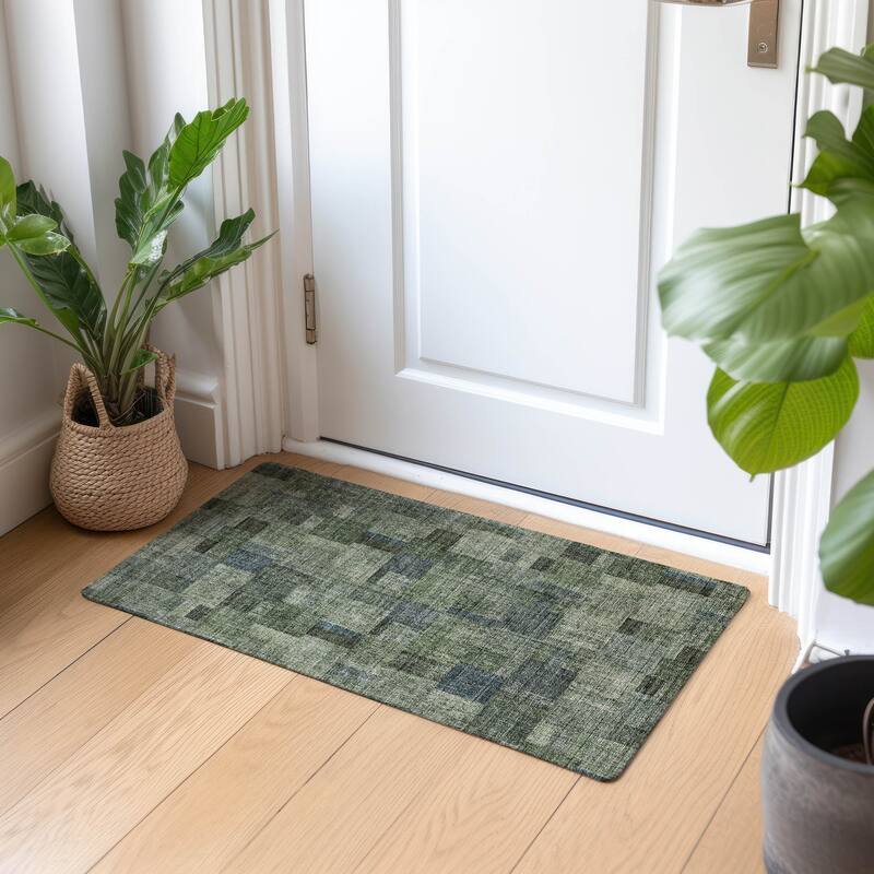 Machine Washable Indoor/ Outdoor Chantille Contemporary Blocks Rug - Green - 1'8" x 2'6"