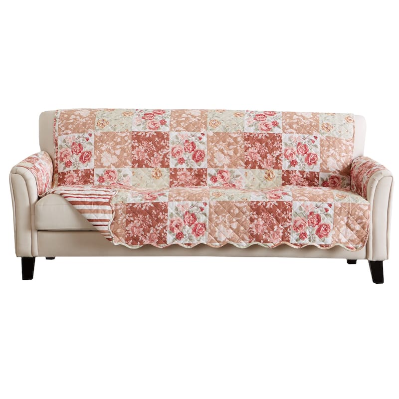 Premium Floral Patchwork Reversible Pet Furniture Protector - Burgundy / Taupe