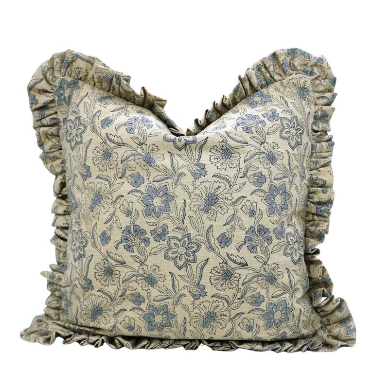 Fabdivine Hand Block Double Side Floral Print Sofa, Couch Decoration Pillow Case - Jarul- Blue - 20" x 20" - Cover Only