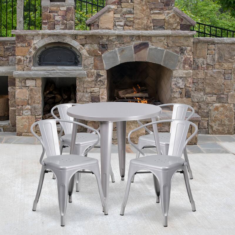 30'' Round Metal Indoor-Outdoor Table Set with 4 Arm Chairs - Silver