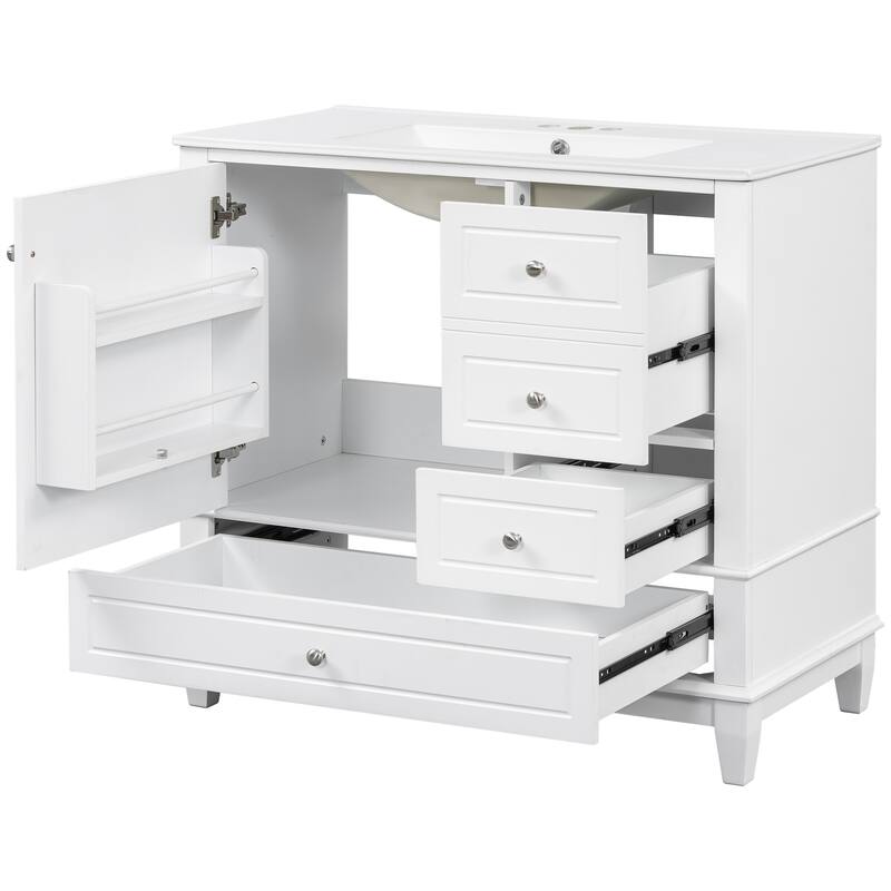 36" Bathroom Vanity with Ceramic Sink - MDF & Solid Wood Base, 3 Drawers & Storage Cabinet, Freestanding Design, 4" Faucet Holes