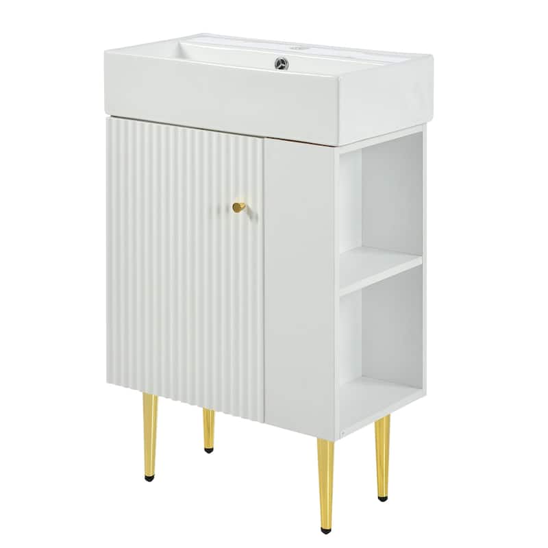21.6" White Bathroom Vanity with Side Storage, Ceramic Undermount Sink, Soft-Close Door, and Elegant Golden Handle