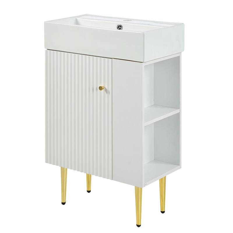 Anmytek 21.6 Inch White Bathroom Vanity Cabinet with Single Ceramic Sink and Right Side Storage