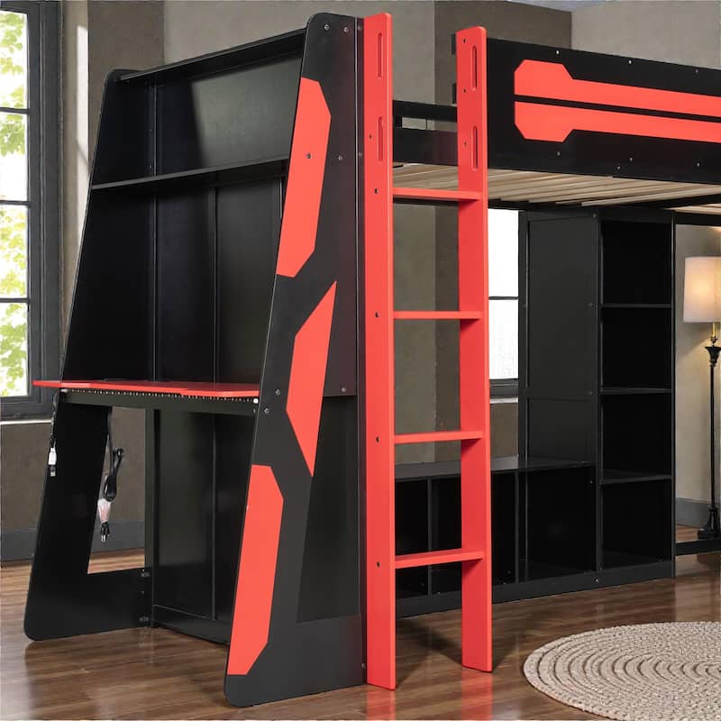 L-Shaped Twin Gaming Bed Frame with RGB LED Lights, USB Ports, TV Stand, Storage Shelves & Reversible Loft Design