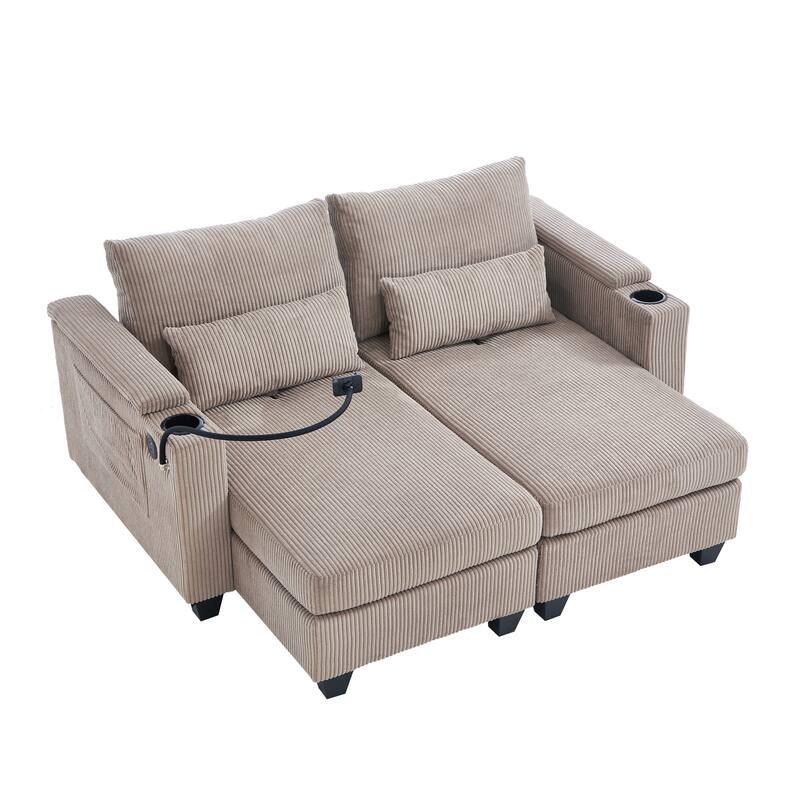 Convertible Chaise Lounge Loveseat Sofa Bed with USB Ports, Storage, and Lumbar Pillows, Brown Corduroy