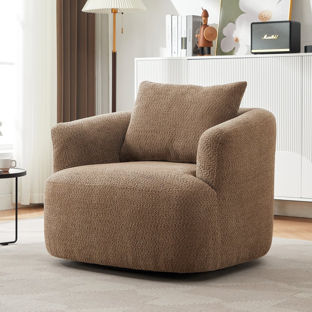 Upholstered Swivel Barrel Chair, Ergonomic Single Sofa Chair, Reading Chair with Throw Pillow & Round Armrests