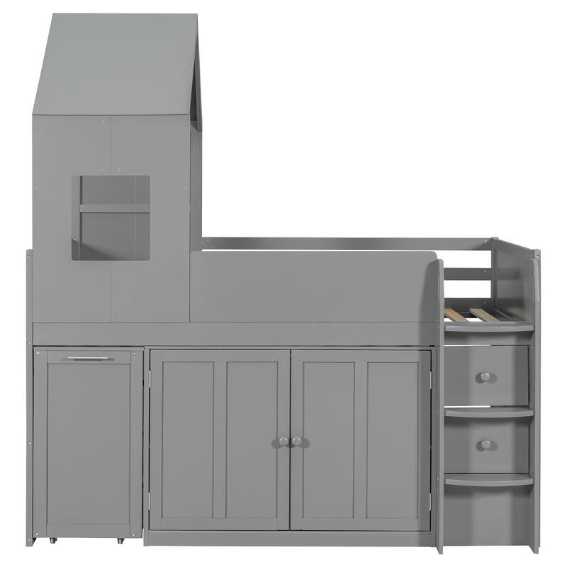 Roomfitters Twin Size House Loft Bed with Rolling Desk, Storage Cabinets and Staircase, All-in-One Space Saving Sleeper