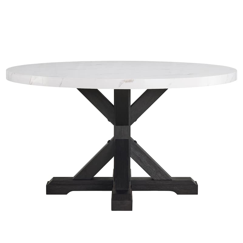 1pc Transitional Modern Formal Dining Table White Round Faux Marble Table Top Black Finish Legs Wooden Dining Room Furni