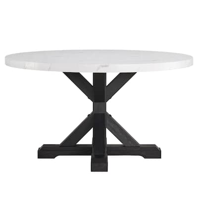 1pc Transitional Modern Formal Dining Table White Round Faux Marble Table Top Black Finish Legs Wooden Dining Room Furni