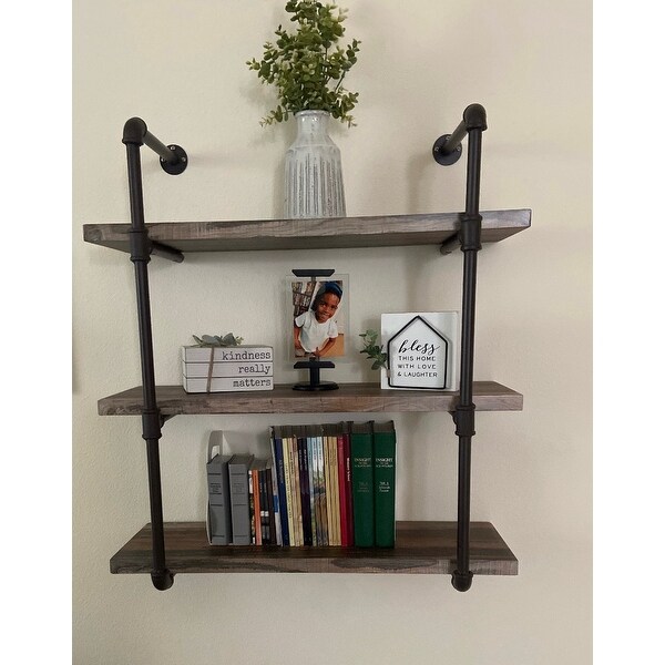 Danya B. 3-tier Faux Wood Industrial Pipe Wall Shelf - On ...