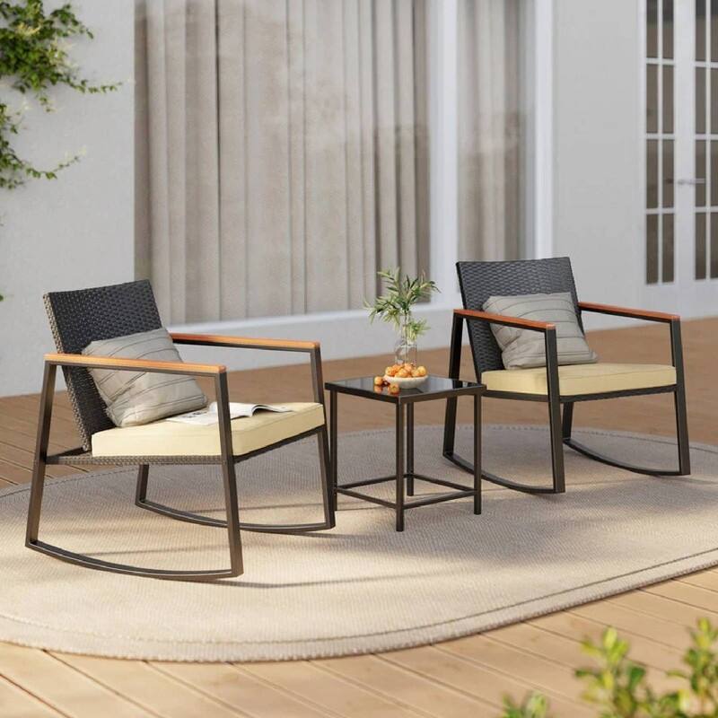 3 Piece Rocking Patio Bistro Set Wicker, Rocking Chair Pub Set with Glass Table - Yellow