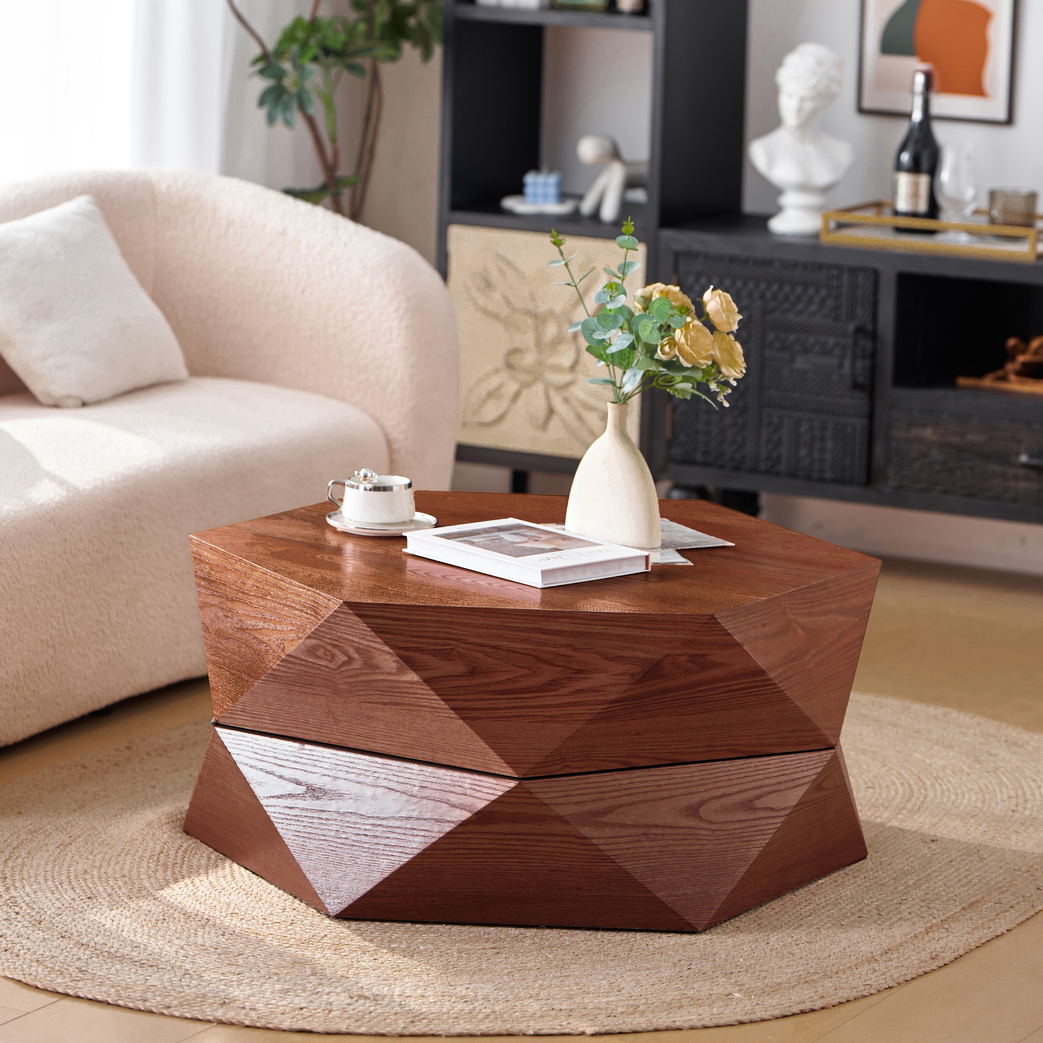 GDFStudio Corvyn Polygon Flip-Top Coffee Table with Hidden Storage and Solid Wood Veneer