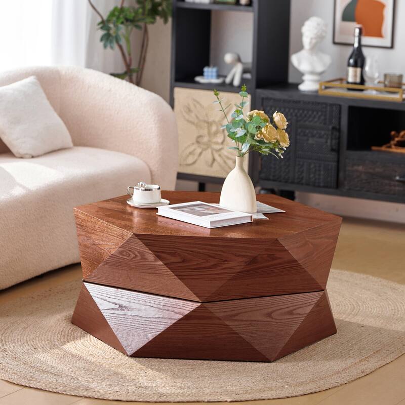 GDFStudio Corvyn Polygon Flip-Top Coffee Table with Hidden Storage and Solid Wood Veneer - Reddish Brown