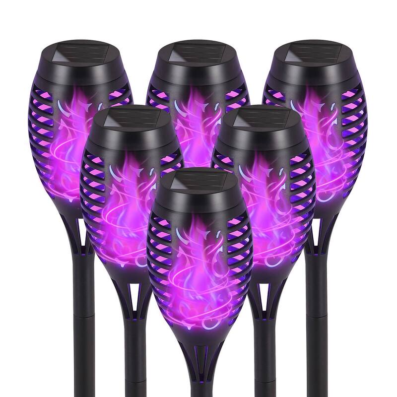 Mini Solar Torches Lights with Flickering Flame Outdoor Waterproof for Pathway - 6 Pack - Purple