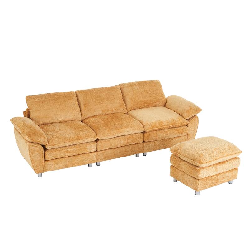 Modern Upholstered Deep 3-Seat Sofa Couch with Ottoman