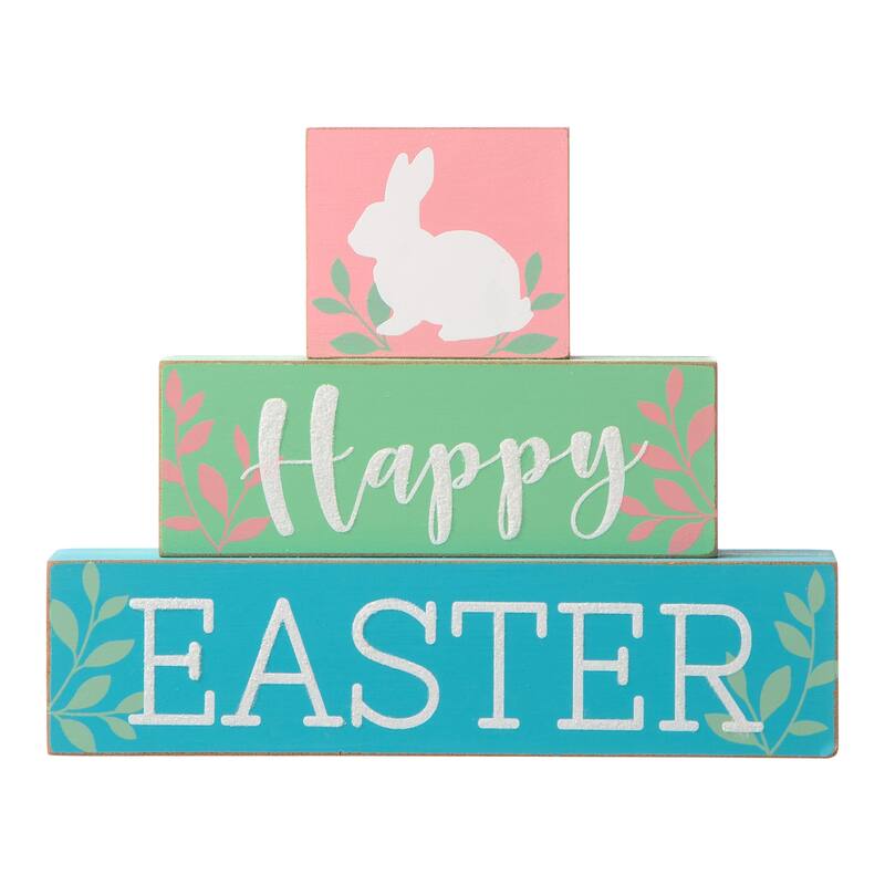 Glitzhome 9.5"L Wooden Block Easter Bunny Table Sign Decor "Happy Easter" - Multi-Color