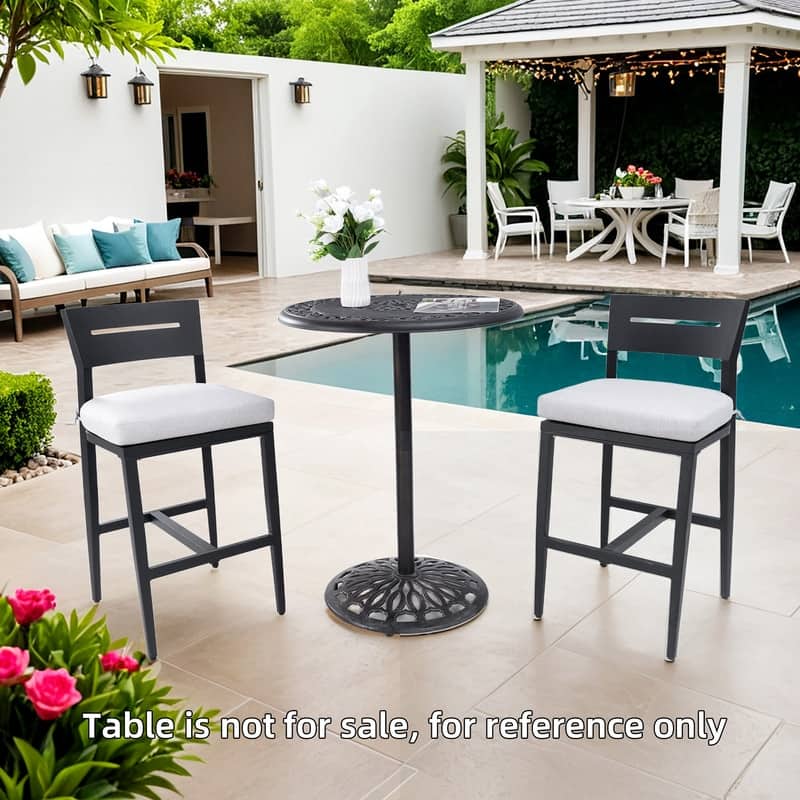 2PC Modern Outdoor Bar Stools: Aluminum, Ergonomic Backrest, Tapered Legs, Footrest, Sunbrella Cushion, Weather-Resistant.