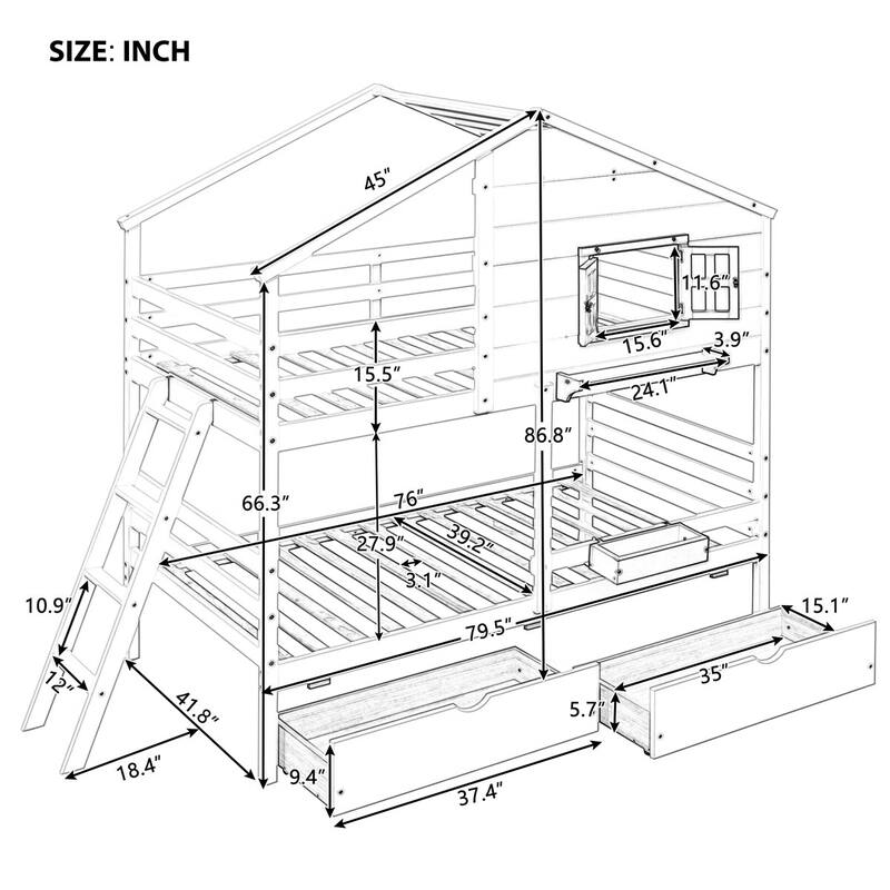Merax Twin over Twin House Bunk Bed with 2 Drawers, 1 Storage Box, 1 Shelf
