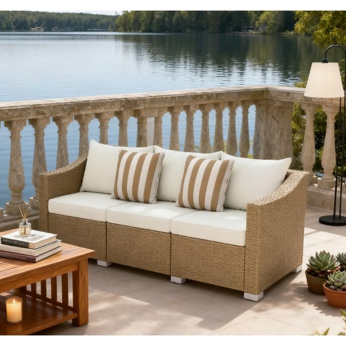 GDFStudio - Nathaniel Handwoven Rattan Patio Sofa with Deep Cushions and Lounge-Ready Comfort - Rattan Sofa