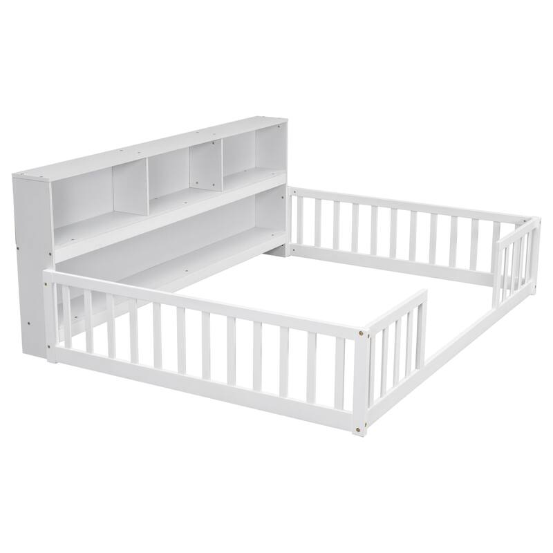 Floor Bed with Side Bookcase, Shelves, Guardrails