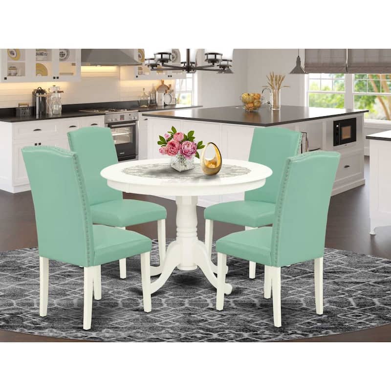 Dinette Set 5Pc Round Table & Chairs - 42 Inch Kitchen Table Set PU Leather Pond Finish