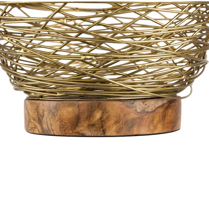Medium Woven Iron Votive Candle Holder with Wooden Base - 8.5" - Brass Finish