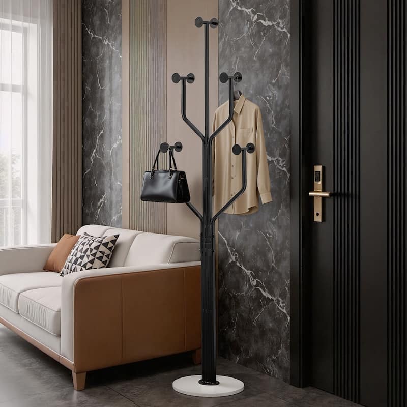 Freestanding Metal Coat Rack with 10 Hooks and Heavy Duty Marble Base - 68.1"H x 18.5"W(top) x 13.2"Dia(base)