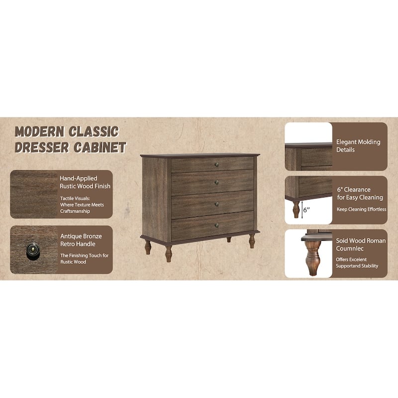 Rustic Wooden 4-Drawer Storage Chest with Metal Knobs and Solid Wood Feet by GDFStudio