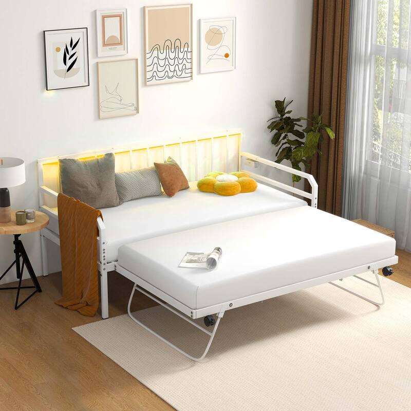 Costway Twin Size Daybed with Pop-up Trundle Charging Station & LED