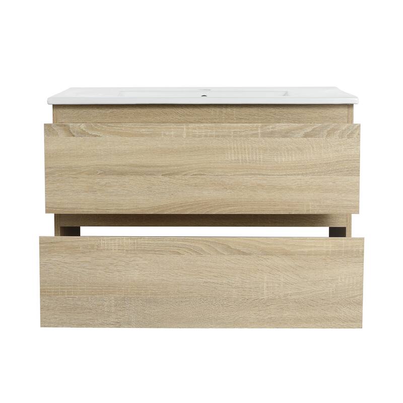 Wood Grain Design Bathroom Vanity with Ceramic Basin, Soft-Close Drawers, and Eco-Friendly Plywood Base - 30in L Plywood