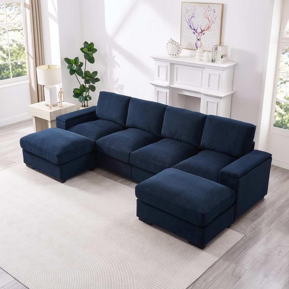 122" Corduroy Sectional Sofa with Two Movable Ottomans