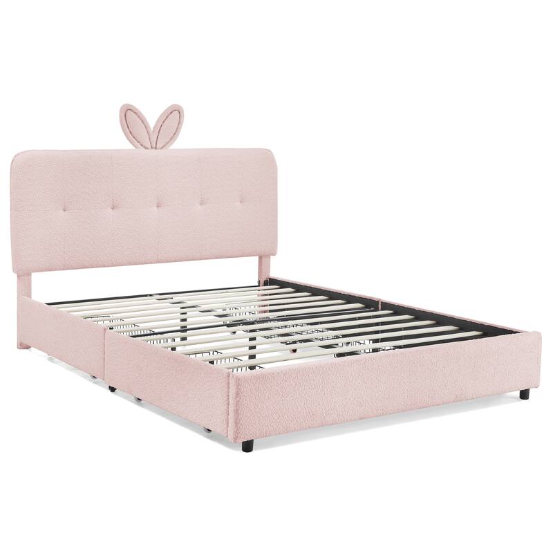 Kids Boucle Upholstered Bed with Rabbit Ear Headboard, LED Music Sync & 4 Drawers